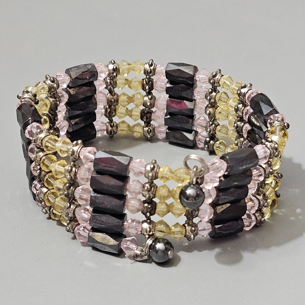 Magnetic Black Hematite Pink Yellow Crystal Bead Wrap Bracelet Necklace 35”